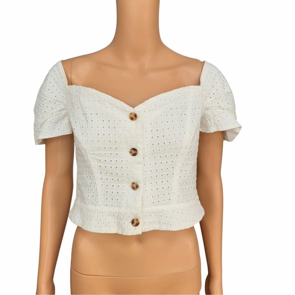 Gianni Bini White Square-Neck Button-Front Eyelet Puff Sleeve Crop Top sz S